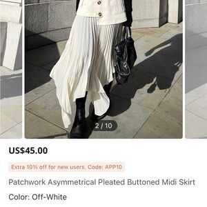 Patchwork Asymmetrical Pleated Buttoned Midi Skirt - Off-White